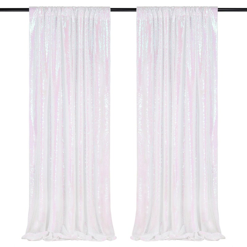 QueenDream White Iridescent Sequin Backdrop 2 Panels 2FTx8FT Unicorn Backdrop Curtains Glitter Party Backdrop for Girls Birthday Decorations - Image 1